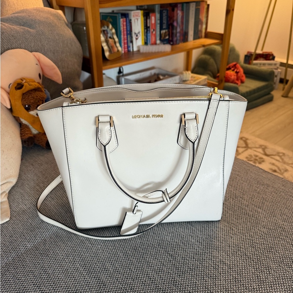 Michael Kors White Leather Tote with Gold Hardware